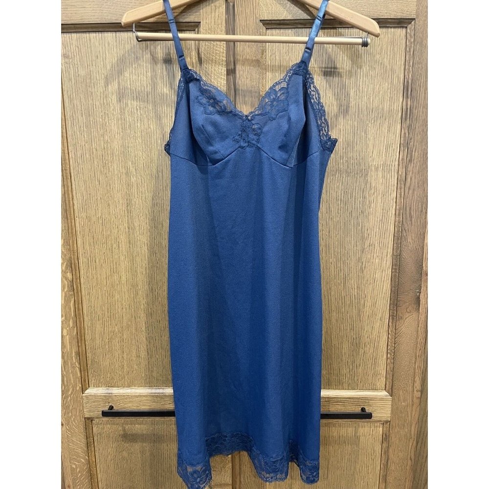 Lot 2 Vintage Vanity Fair Slips 34 Deep Blue Beige Nylon Lace Made USA Lingerie